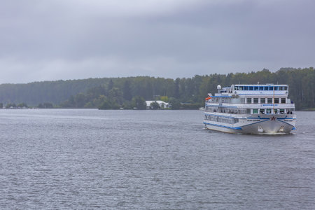 Moscow region, Russia - September 10, 2021: White four-deck ship Mikhail Bulgakov on a river cruise. Built in Germany in 1979のeditorial素材