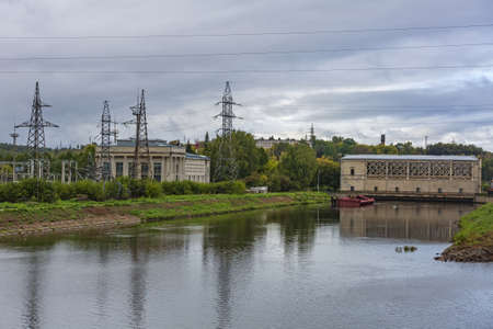 Moscow region, Russia - September 10, 2021: An old gateway on the Moscow Canal for adjusting the water level in the riverbed. A suburb of the capitalのeditorial素材