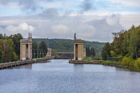 Moscow region, Russia - September 10, 2021: An old gateway on the Moscow Canal for adjusting the water level in the riverbed. A suburb of the capitalのeditorial素材
