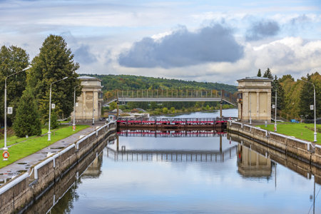 Moscow region, Russia - September 10, 2021: An old gateway on the Moscow Canal for adjusting the water level in the riverbed. A suburb of the capitalのeditorial素材