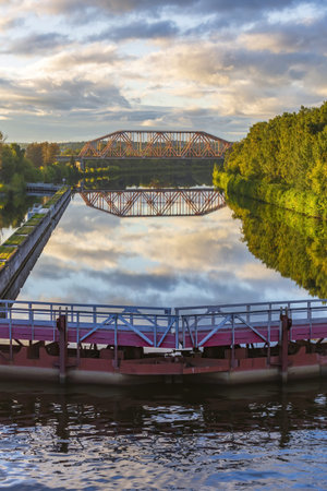 Moscow region, Russia - September 10, 2021: An old gateway on the Moscow Canal for adjusting the water level in the riverbed. A suburb of the capitalのeditorial素材