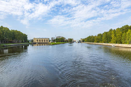 Moscow region, Russia - September 10, 2021: An old gateway on the Moscow Canal for adjusting the water level in the riverbed. A suburb of the capitalのeditorial素材