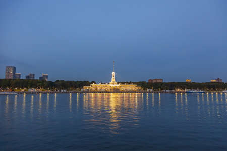 Moscow, Russia - September 12, 2021: Brightly illuminated evening building of the Northern River Station. Built in 1937. Opened after reconstruction in 2020のeditorial素材