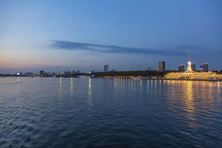Moscow, Russia - September 12, 2021: Brightly illuminated evening building of the Northern River Station. Built in 1937. Opened after reconstruction in 2020のeditorial素材