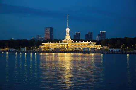 Moscow, Russia - September 12, 2021: Brightly illuminated evening building of the Northern River Station. Built in 1937. Opened after reconstruction in 2020のeditorial素材