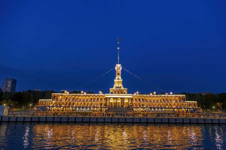 Moscow, Russia - September 12, 2021: Brightly illuminated evening building of the Northern River Station. Built in 1937. Opened after reconstruction in 2020のeditorial素材