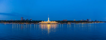 Moscow, Russia - September 12, 2021: Brightly illuminated evening building of the Northern River Station. Built in 1937. Opened after reconstruction in 2020のeditorial素材