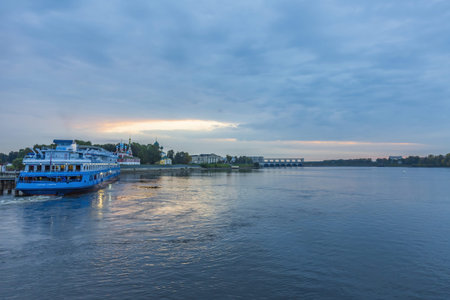Uglich, Russia - September 11, 2021: Blue four-deck ship Moonlight Sonata on a river cruise. Built in Germany in 1988のeditorial素材