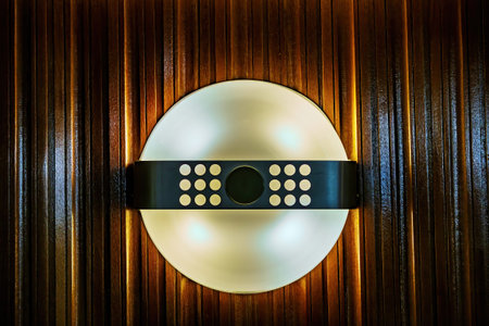 Minimalistic design of the lamp as an element of the decor of a modern room with wooden wall