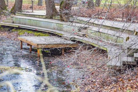 A small wooden pier for boats at the abandoned city pond with duckweedの写真素材