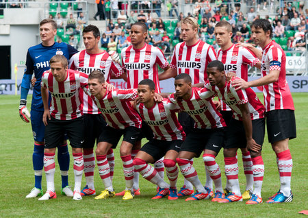 PSV Eindhoven -Benfica Lisboa, July 21  PSV Eindhoven players group photo before start of frendly match between PSV and Benfica Lisboa, July 22, 2012 in Wroclaw, Polandのeditorial素材