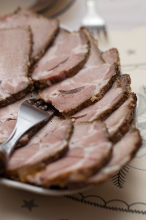Slice of the pork neck on the plateの写真素材