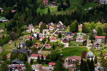 Aerial view of houses in mountainの写真素材