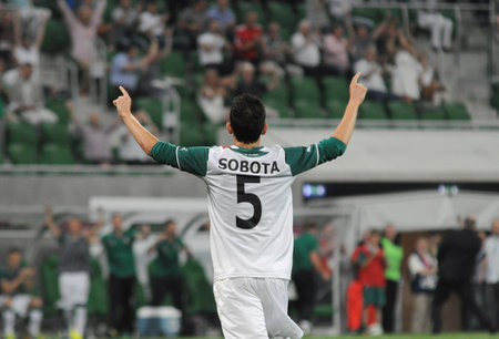 WROCLAW, POLAND - July 18 UEFA Europa League, Sobota after score a goal, Slask Wroclaw vs Rudar Pljevlja on July 18 , 2013 in Wroclaw, Poland のeditorial素材