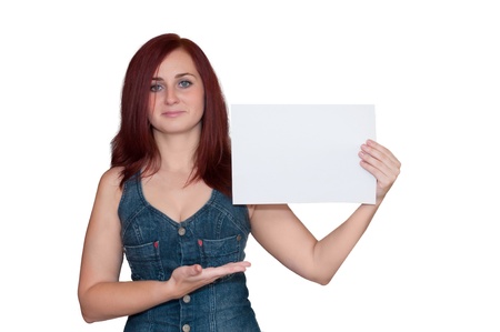 Happy woman showing blank signboard, isolated over white backgroundの写真素材