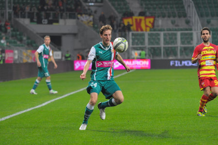 Wroclaw. POLAND - October 21:Polish Cup match between Wks Slask Wroclaw and Jagielonia Bialystok. Tadeusz Socha on  October 21, 2013 in Wroclaw. Poland.のeditorial素材