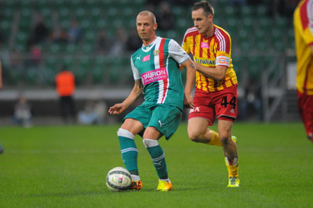 Wroclaw. POLAND - November 10: Match T-Mobile Ekstraklasa between Wks Slask Wroclaw and Korona Kielce. Sebino Plaku on  November 10, 2013 in Wroclaw. Poland.のeditorial素材
