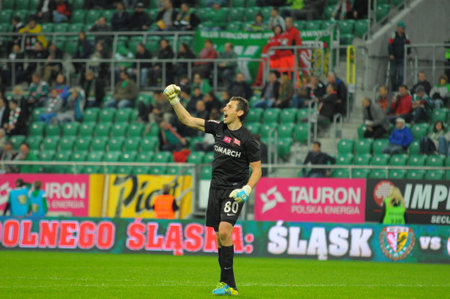 Wroclaw. POLAND - September 25: Match T-Mobile Ekstraklasa between Wks Slask Wroclaw and Cracovia Krakow. Krzystof Pilarz on  September 25, 2013 in Wroclaw. Poland.のeditorial素材