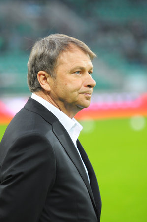Wroclaw. POLAND - March 09: Match T-Mobile Ekstraklasa between Wks Slask Wroclaw and Legia Warszawa. Tadeusz PawÅowski new coach of Slask Wroclaw on  March 09, 2014 in Wroclaw. Poland.のeditorial素材