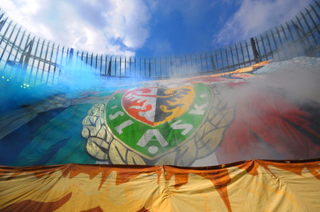 Wroclaw. POLAND - April 26: Match T-Mobile Ekstraklasa between Wks Slask Wroclaw and Zaglebie Zaglebie Lubin, Slask Wroclaw Fans with huge flag  April 26, 2014 in Wroclaw. Poland.のeditorial素材