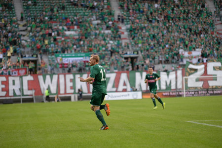 Wroclaw  POLAND - July 20  Match T-Mobile Ekstraklasa between Wks Slask Wroclaw and Ruch Chorzow  Sebastian Mila after score a goal on July 20, 2014 in Wroclaw  Poland のeditorial素材