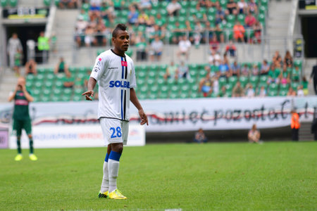 Wroclaw. POLAND - August 3: Match T-Mobile Ekstraklasa between Wks Slask Wroclaw and Zawisza Bydgoszcz. Wagner Borges on August 3, 2014 in Wroclaw. Poland.のeditorial素材