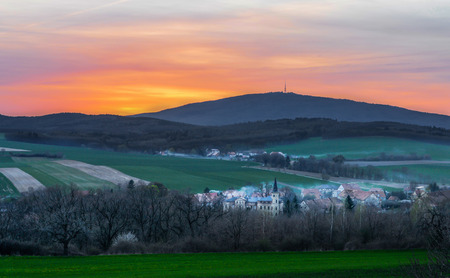 Evening View of the small town on the hillの写真素材