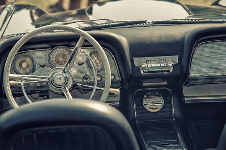 Sleza, Poland, August 15, 2015: Close up on old vintage car steering wheel and cockpit on  Motorclassic show on August 15, 2015 in the Polandのeditorial素材