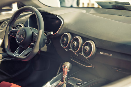 Sleza, Poland, August 15, 2015: Close up on Audi cockpit and wheel on  Motorclassic show on August 15, 2015 in the Polandのeditorial素材
