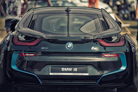 Sleza, Poland, August 15, 2015: Close up BMW I8 plug-in hybrid sports car on Motorclassic show on August 15, 2015 in the Polandのeditorial素材