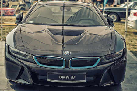 Sleza, Poland, August 15, 2015: Close up BMW I8 plug-in hybrid sports car on Motorclassic show on August 15, 2015 in the Polandのeditorial素材