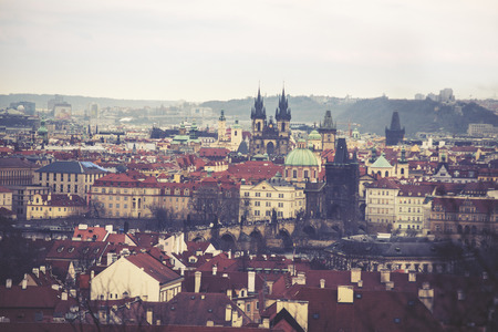 Charles Bridge over Vltava river in Prague, Czech Republic. Vintage effectの写真素材