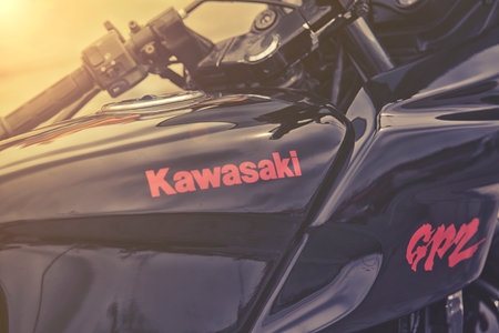Wroclaw - APRIL 23: Kawasaki sign on motorcycle at the Motor Show on April 23, 2016 in Wroclaw Poland.のeditorial素材