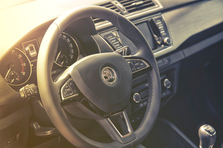 Wroclaw, Poland, May 28, 2016: Close up on Skoda Fabia sterring wheel on Motoshow on May 28, 2016 in Polandのeditorial素材