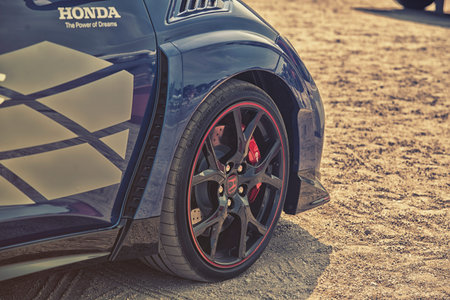 Wroclaw, Poland, May 28, 2016: Close up on Honda Civic Type R front wheel on Motoshow on May 28,...