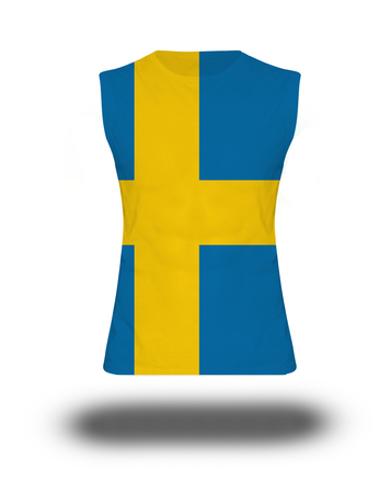 athletic sleeveless shirt with Sweden flag on white background and shadowの写真素材