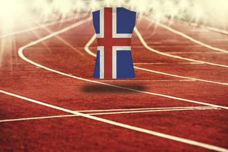 red running track with lines and Iceland flag on shirtの写真素材