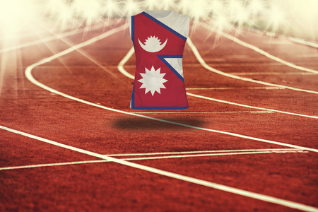 red running track with lines and Nepal flag on shirtの写真素材
