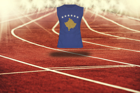 red running track with lines and Kosovo flag on shirtの写真素材