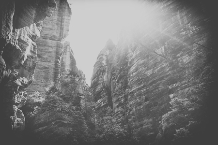 Rock Town, National Park of Adrspach-Teplice in Czech Republic, black and whiteの写真素材