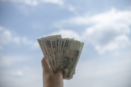 Polish  banknotes falling from skyの写真素材
