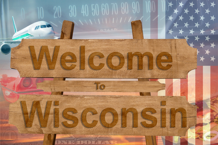 Welcome to Wisconsin state in USA sign on wood, travell themeの写真素材