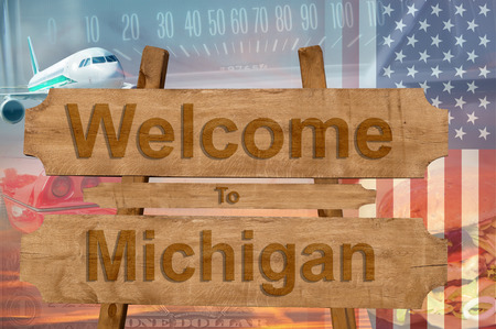 Welcome to Michigan state in USA sign on wood, travell themeの写真素材