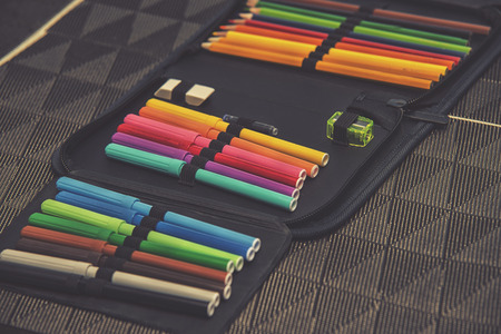 Close up on pencil case on table backgroundの写真素材