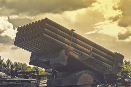 close up on  heavy multiple rocket launche , vintage effect