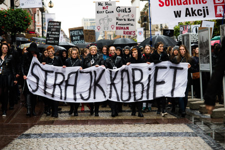 Wroclaw, Poland, 2016 10 03 - protest against anti-abortion law forced by Polish government PIS, black protest - "czarny protest" on 03,10,2016 in Wroclaw, Polandのeditorial素材