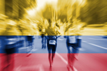 Marathon runner motion blur with blending  Colombia flagの写真素材