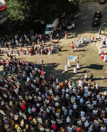 Wroclaw, POLAND - June 15, 2017: Religious procession at Corpus Christi Day in one of the suburban districts of Wroclaw. June 15, 2017. Wroclaw, Poland.のeditorial素材