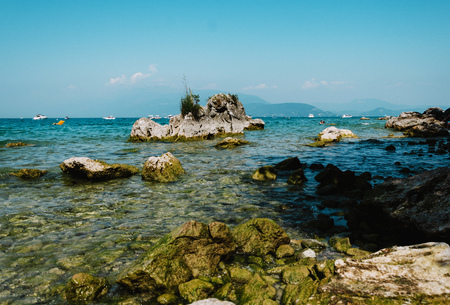 view on  Garda Lake, Italy, low visibility, の写真素材