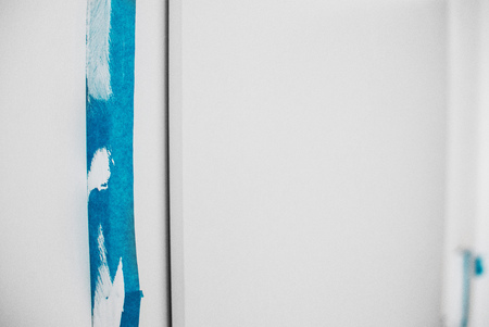 close up on blue tape, home repair, wall paintingの写真素材